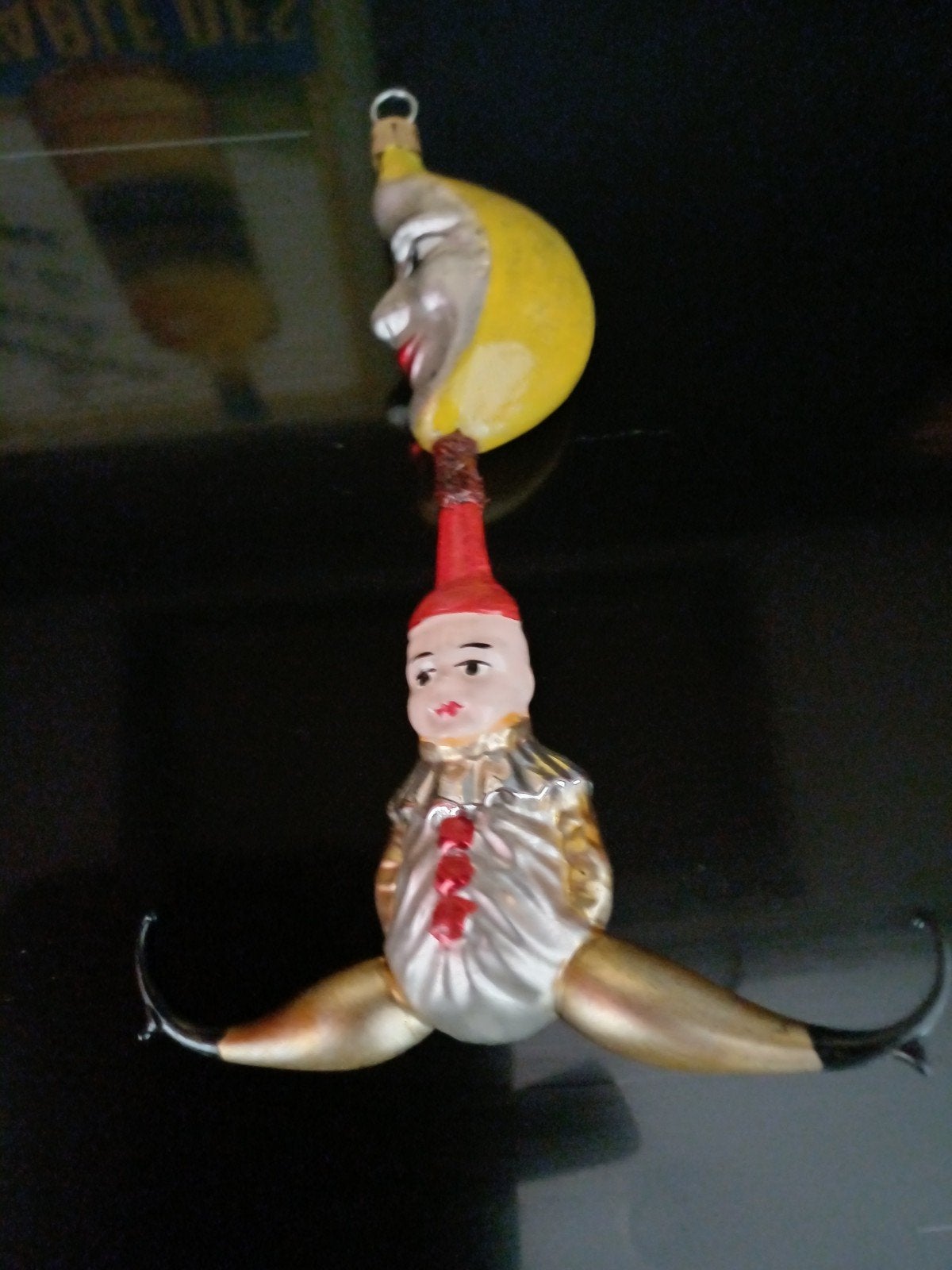 Antiek dubbel Kerst ornament Maan en Clown van glas, Verzenden