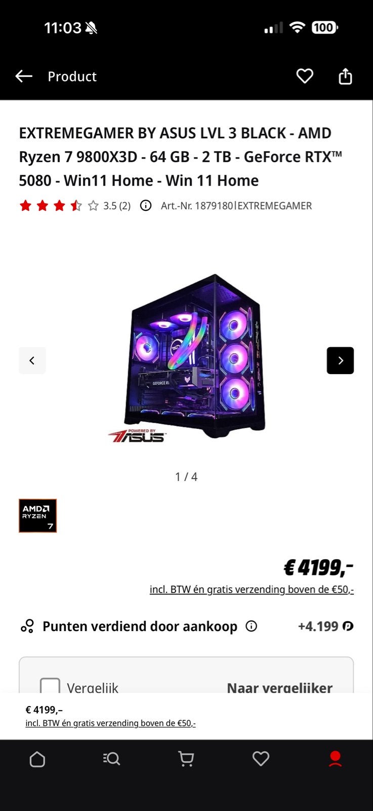 EXTREMEGAMER BY ASUS LVL 3 BLACK - AMD Ryzen 7 9800X3D, 64 GB of meer, Nieuw, Ophalen of Verzenden, Gaming