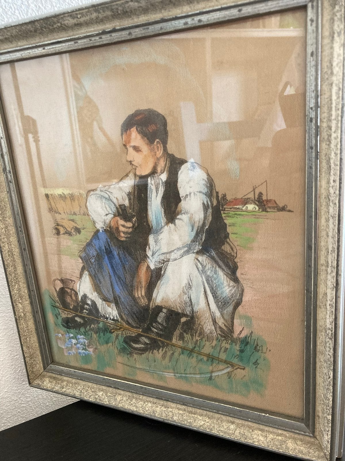Pastel op linnen: Rustende Boer, vroeg naturalisme, Doek, Portret of Personen, Realistisch, Ophalen of Verzenden
