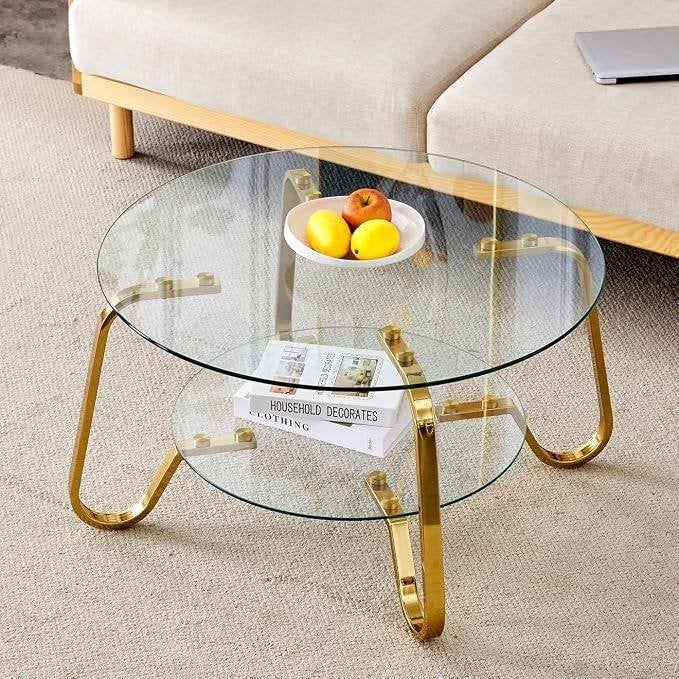 salontafel goud met glas, Huis en Inrichting, Tafels | Salontafels, Ophalen, 50 tot 100 cm, Rond, Nieuw