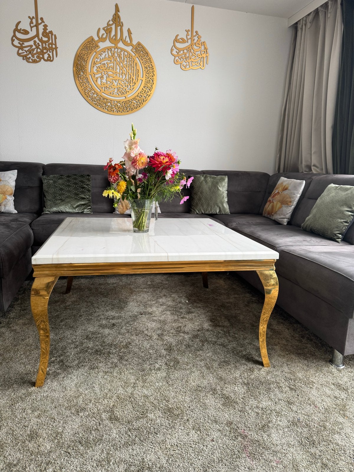 Luxe Gouden Tafelset - Marmerlook (Salontafel, TV-meubel, Bi, 100 tot 150 cm, Ophalen of Verzenden, Zo goed als nieuw, 200 cm of meer