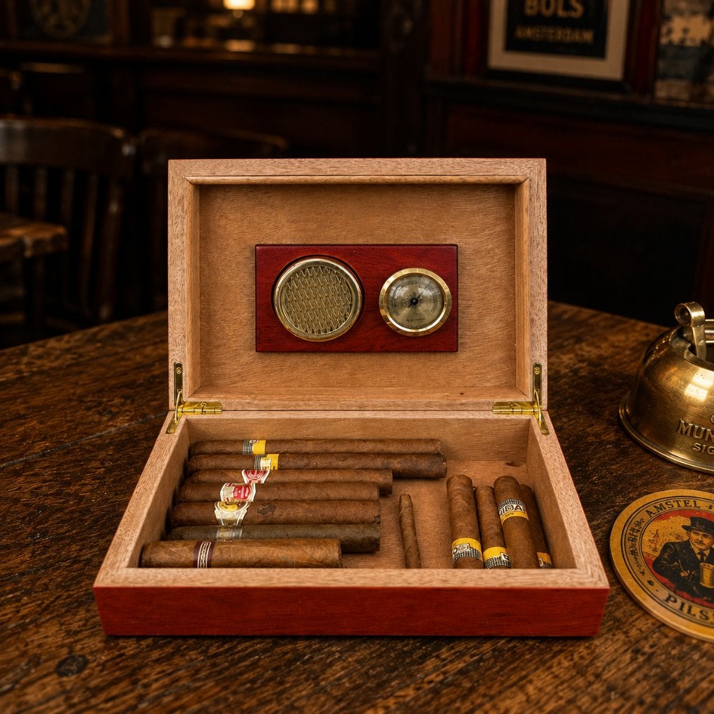 Luxe Humidor met Hydrometer, Bevochtiger en Sigaren Asbak, Verzamelen, Ophalen, Zo goed als nieuw, Tabaksdoos of Verpakking