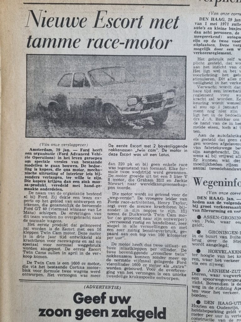 Artikel nieuwe Ford Escort (1970), Ophalen of Verzenden, 1960 tot 1980, Knipsel(s)