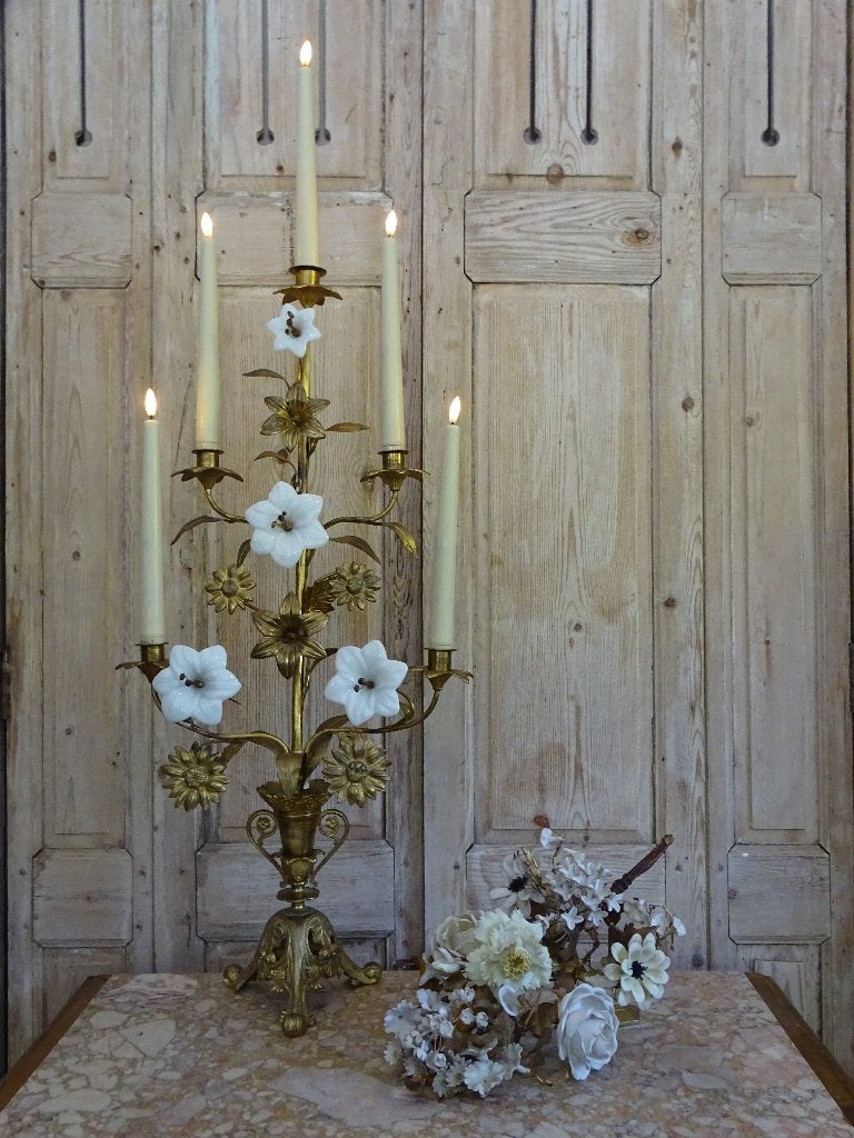 Franse kandelaar met opaline bloemen, Antiek en Kunst, Ophalen of Verzenden