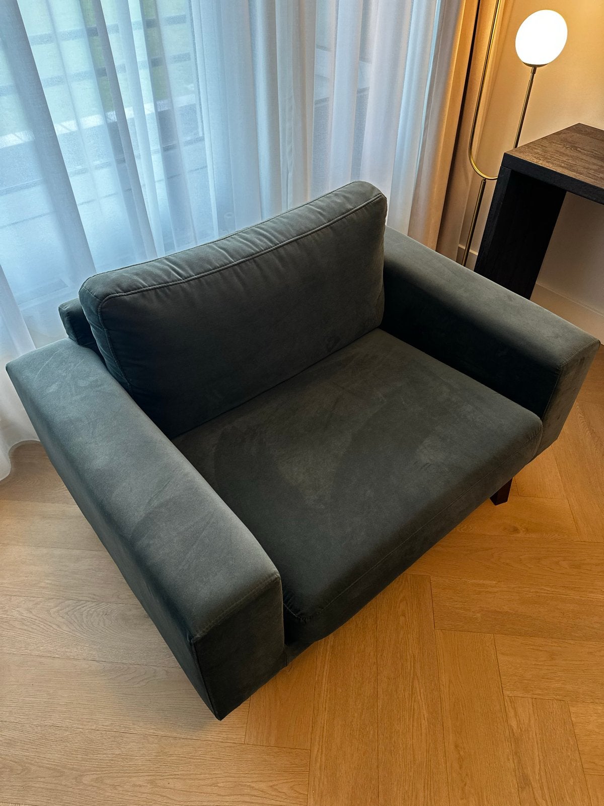 Donkergroene fauteuil, Ophalen, Zo goed als nieuw, Stof, 75 tot 100 cm