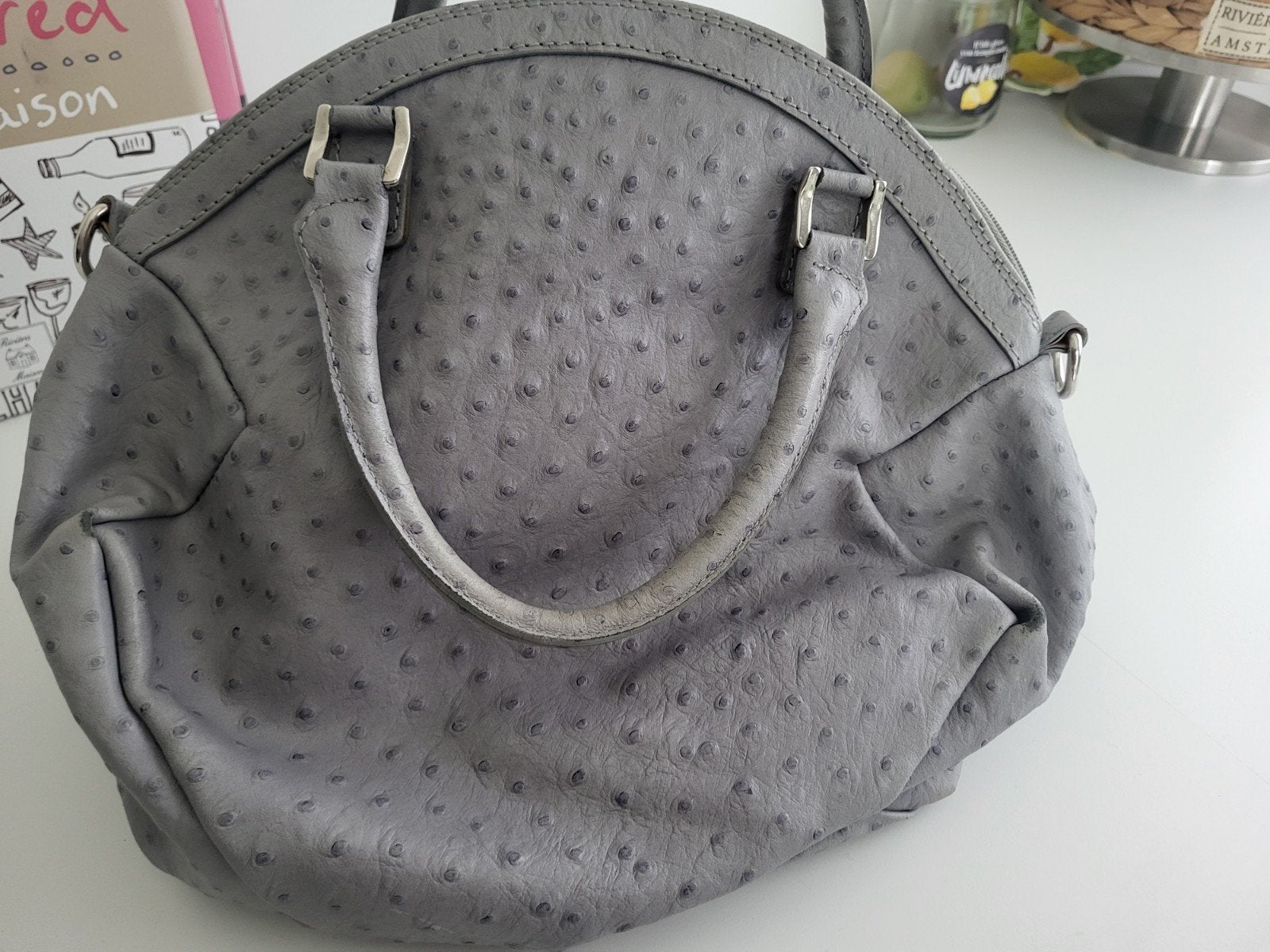 J & C grijs (struisvogel)leren tas, Ophalen of Verzenden, Zo goed als nieuw, Grijs, Handtas