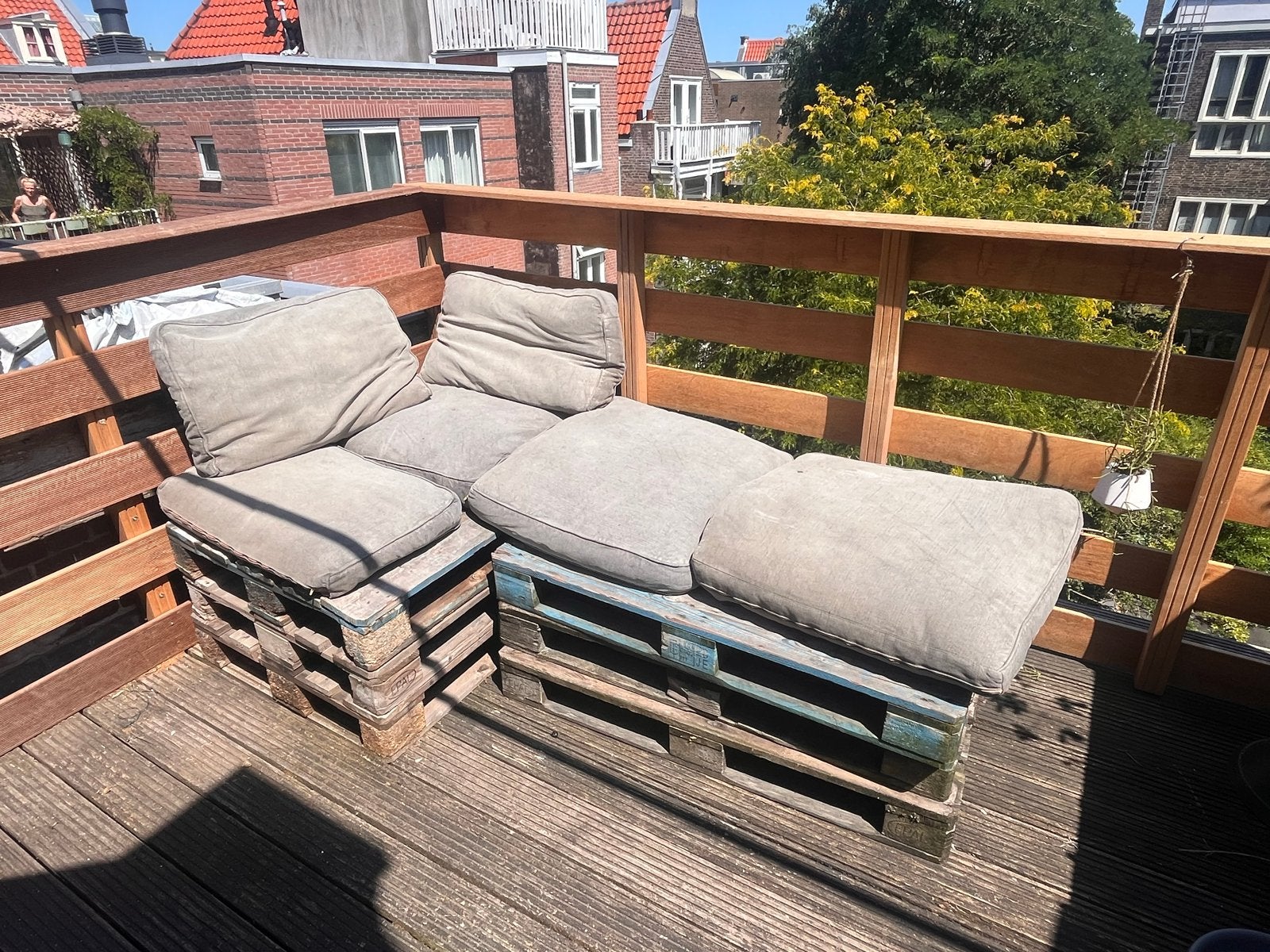 Zelfgemaakte Pallet Hoekbank met Kussens -palletbank, Ophalen, 250 tot 300 cm, Gebruikt, Hoekbank