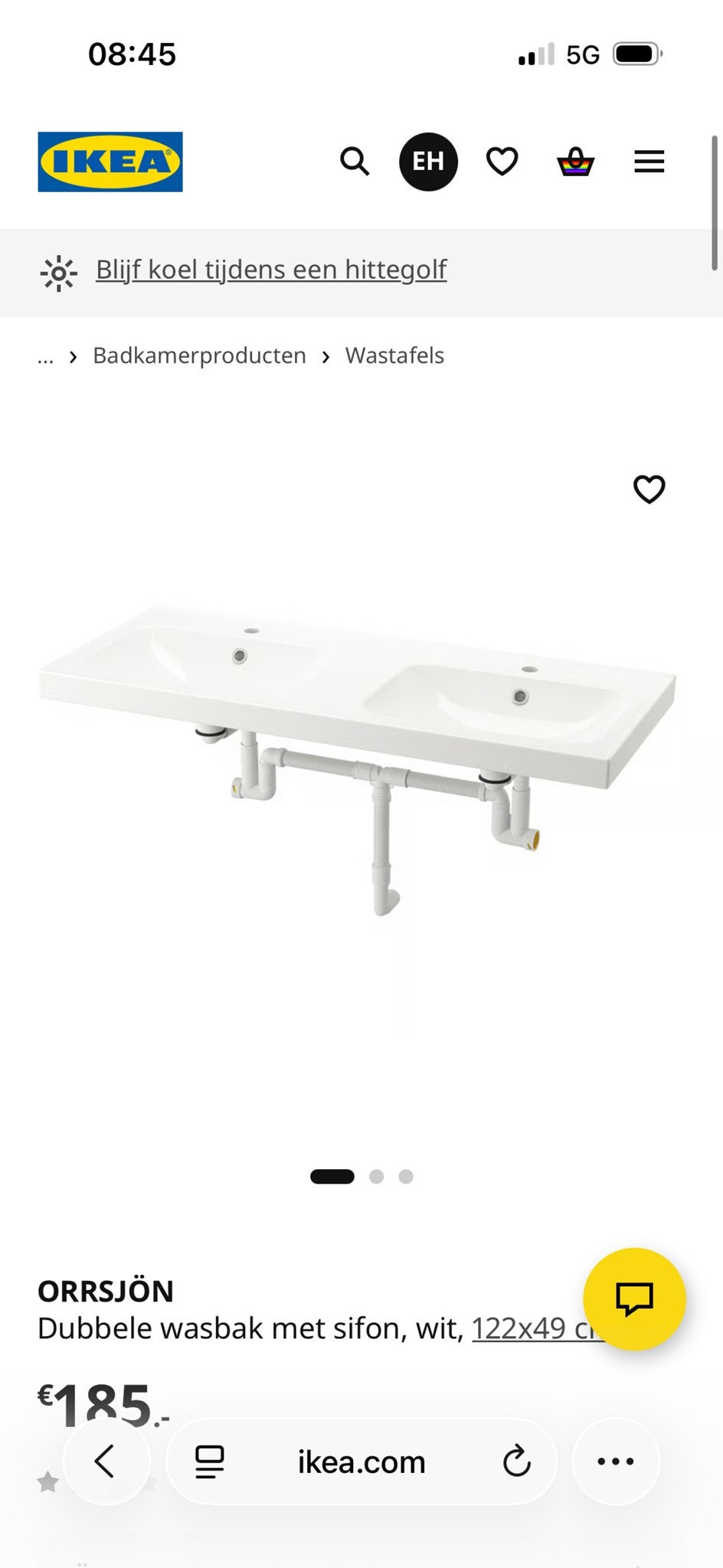 IKEA ORRSJÖN dubbele wastafel 122x49 cm. Nieuw in doos!, Huis en Inrichting, 100 tot 150 cm, Nieuw, Ophalen of Verzenden, Minder dan 100 cm