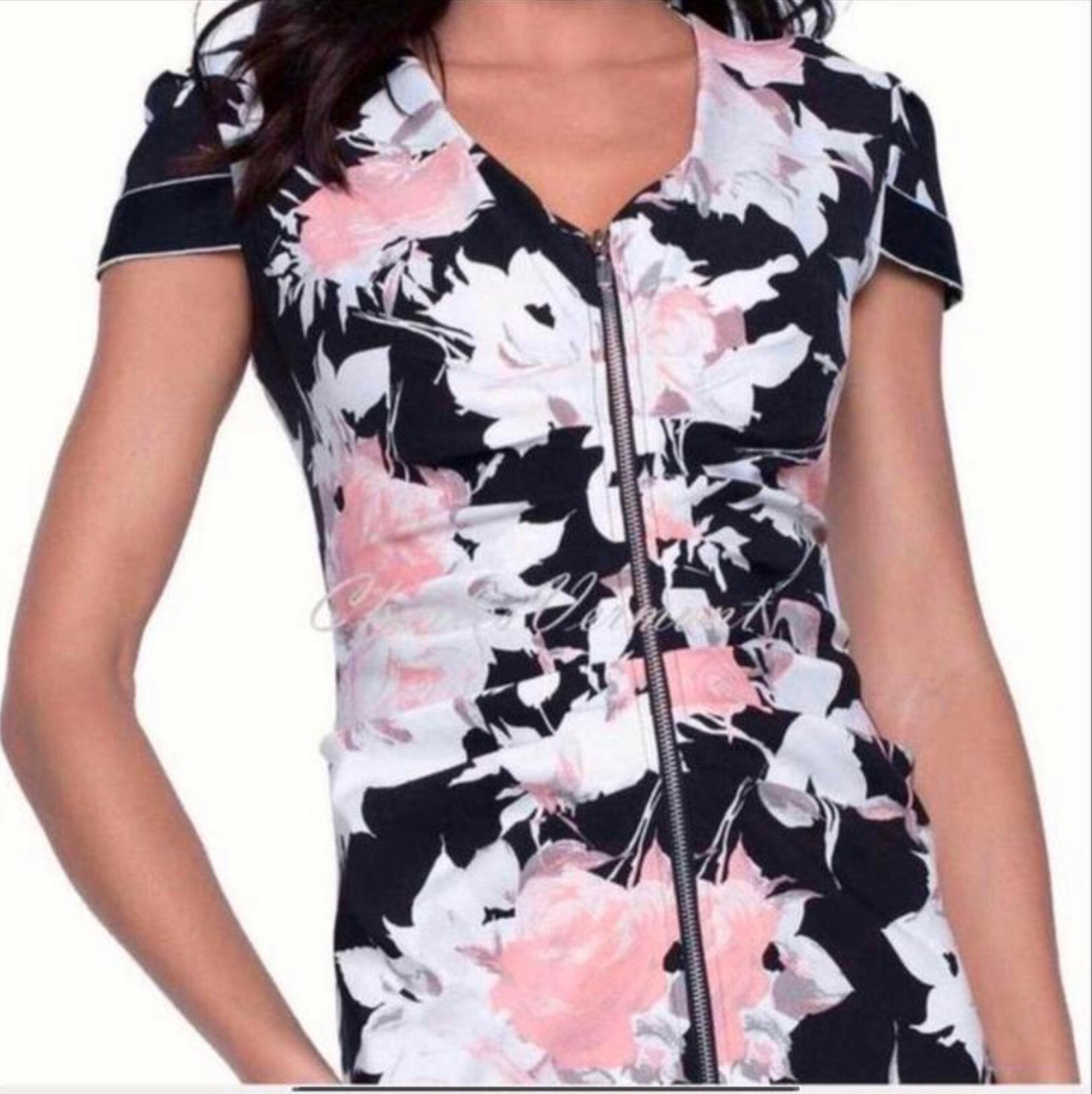 Frank Lyman elegante jurk zwart wit en roze superstretch 38, Maat 38/40 (M), Nieuw, Onder de knie, Meerkleurig