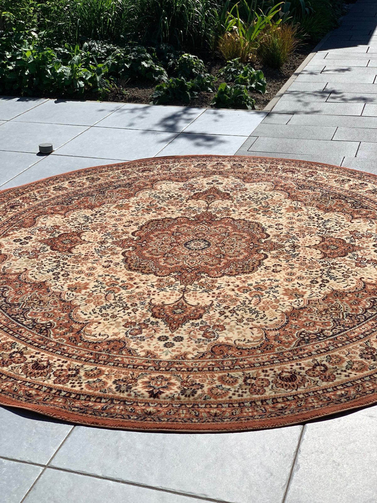 Schitterend Sfeervol Rond Vintage Vloerkleed in NIEUWSTAAT., Ophalen, Bruin, Rond, Zo goed als nieuw