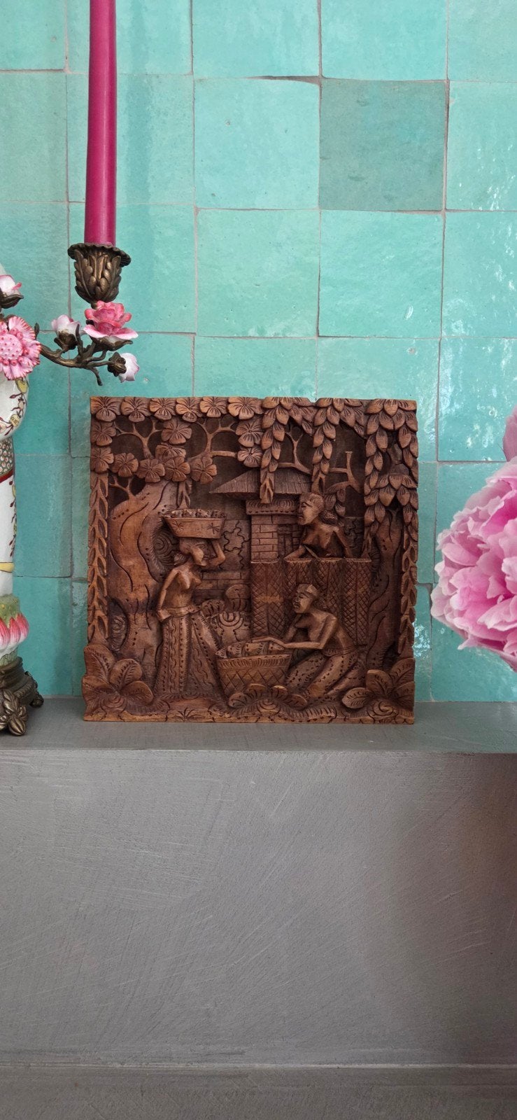 Vintage Balinees houtsnijwerk/ Reliëfpaneel Indonesië, Ophalen of Verzenden