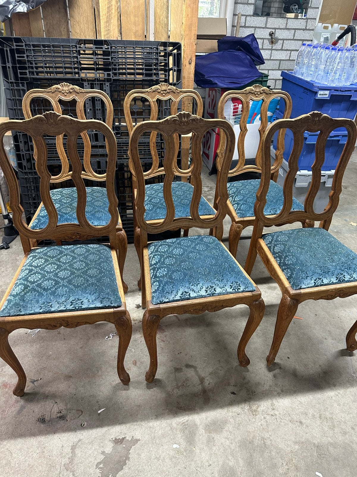 Set van 6 antieke stoelen met blauwe bekleding, Ophalen of Verzenden