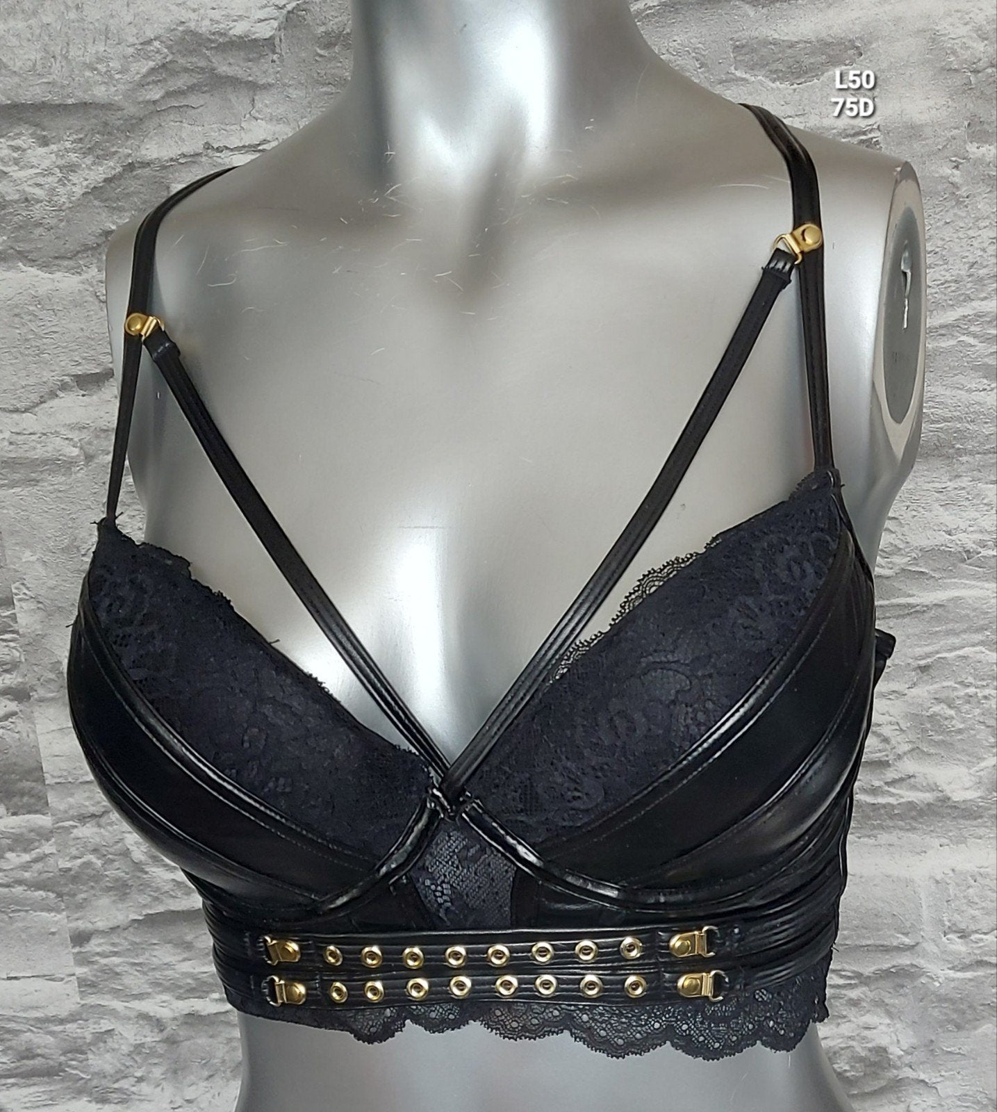 Kinky Zwarte Leren en Kanten Bralette met Gouden Details, Kleding | Dames, Ophalen of Verzenden, Zwart, BH