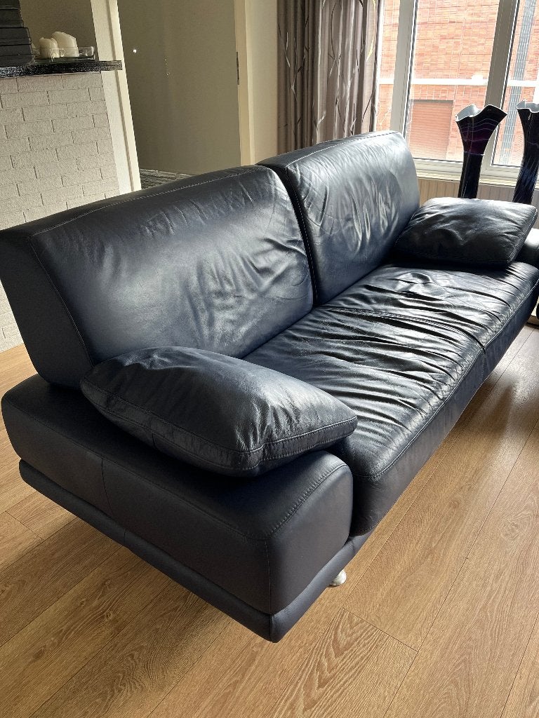 BANK 3-zits, BLAUW LEER, Ophalen, Gebruikt, 150 tot 200 cm, Driepersoons