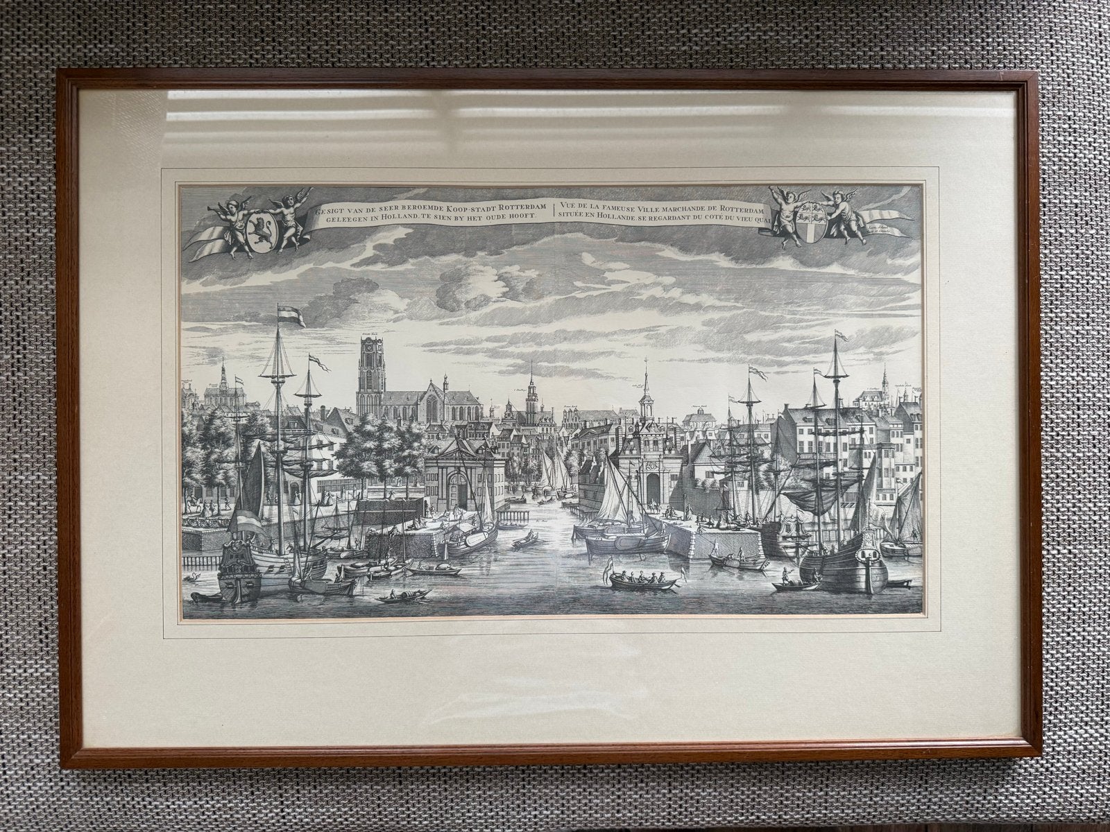 Antieke Ets Rotterdam: Gezicht op de Maas en Oude Hoofd, Ophalen, Stadsgezicht, 1700 - 1799, Met tekst