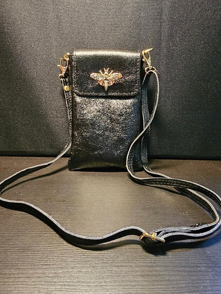 Vera Pelle leren telefoontasje zwart bee slot crossbody, Overige merken, ., Zwart, Nieuw