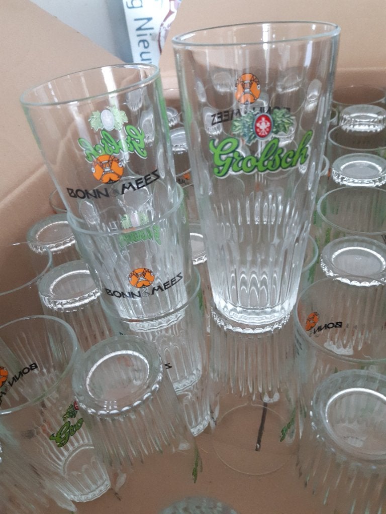 Grolsch bierglazen bonn & mees 70 stuks, Verzamelen, Biermerken, Ophalen, Zo goed als nieuw, Glas of Glazen, Grolsch