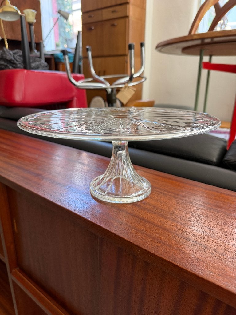Vintage taartschaal persglas, brocante schaal op voet, Ophalen