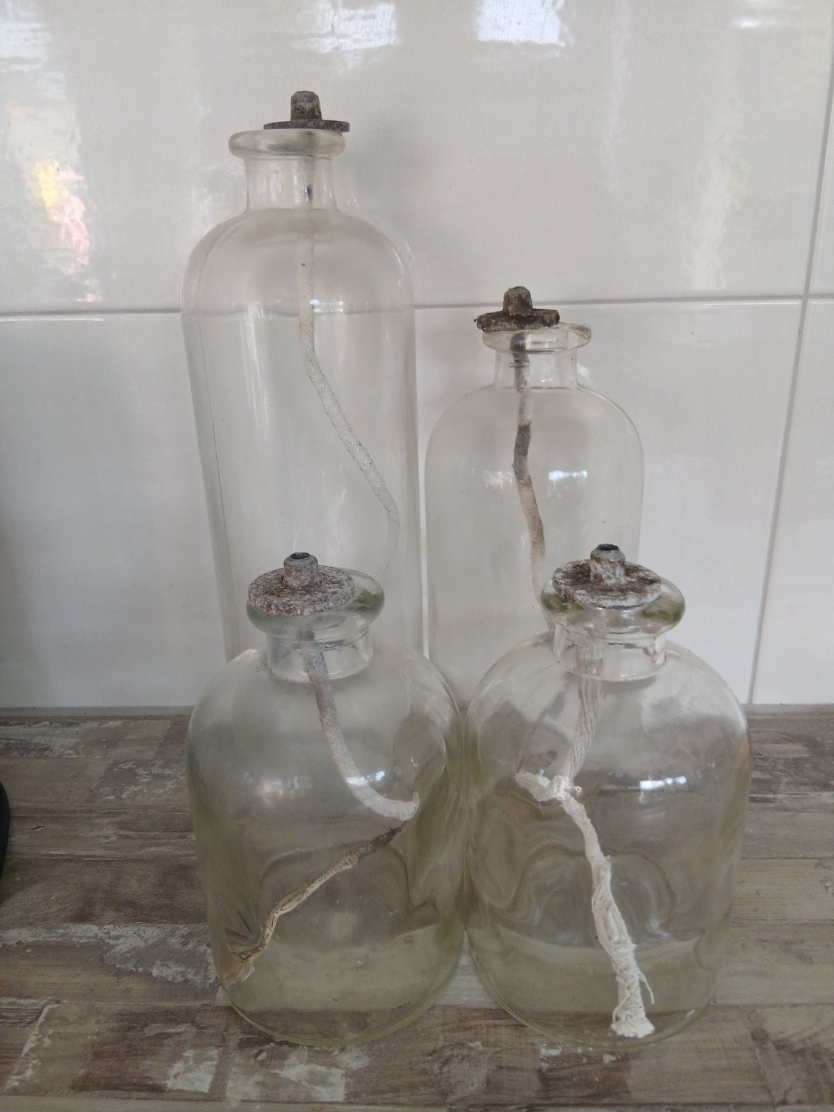 Set van 4 Antieke Glazen Olielampen, Ophalen of Verzenden