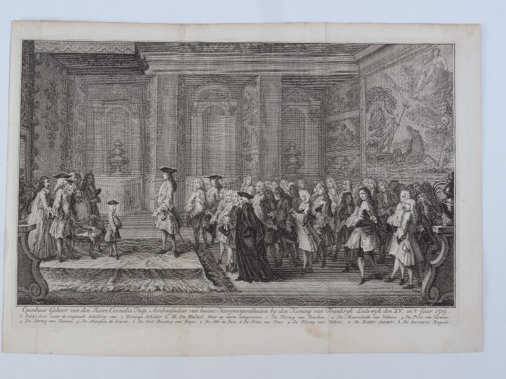 Gravure Openbaar gehoor Cornelis Hop bij Lodewijk XV 1719, Dagelijks leven, Verzenden, Gravure, Origineel