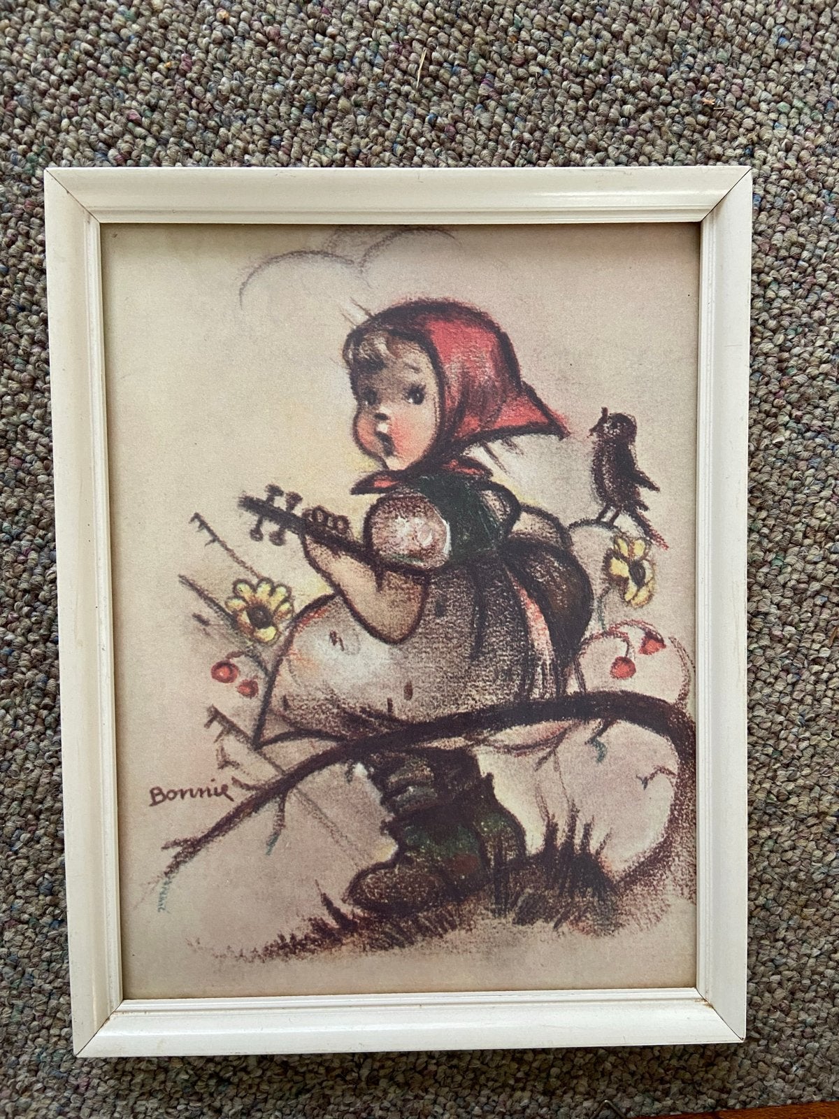 Vintage 'Bonnie' Print - Meisje met Viool en Vogel, Minder dan 50 cm, Gebruikt, Ophalen of Verzenden, Print