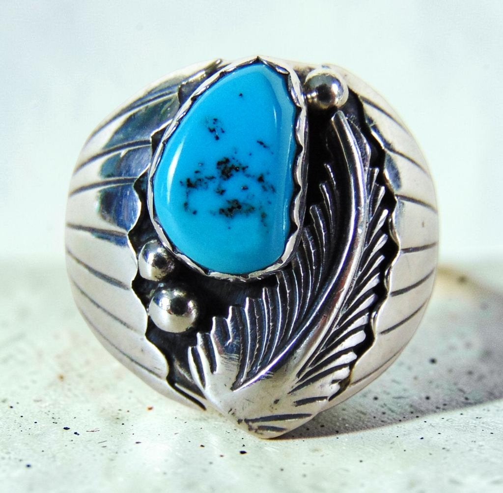 Grote NAVAJO zilver turquoise prayer fan ring M22/22,5!