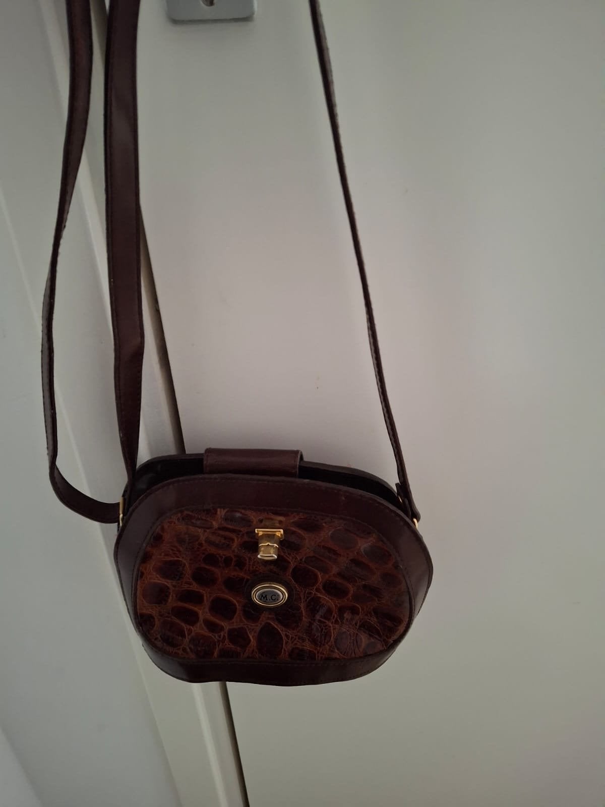 Vintage Bruine Schoudertas met Krokodillenprint, Ophalen of Verzenden, Gebruikt, Bruin, Schoudertasje