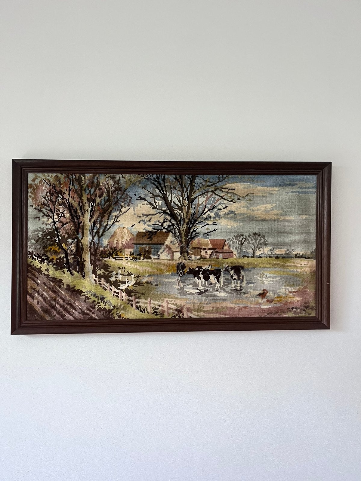 Vintage borduurwerk landschap met koeien, Huis en Inrichting, Woonaccessoires | Schilderijen, Tekeningen en Foto's, Ophalen, Overige typen