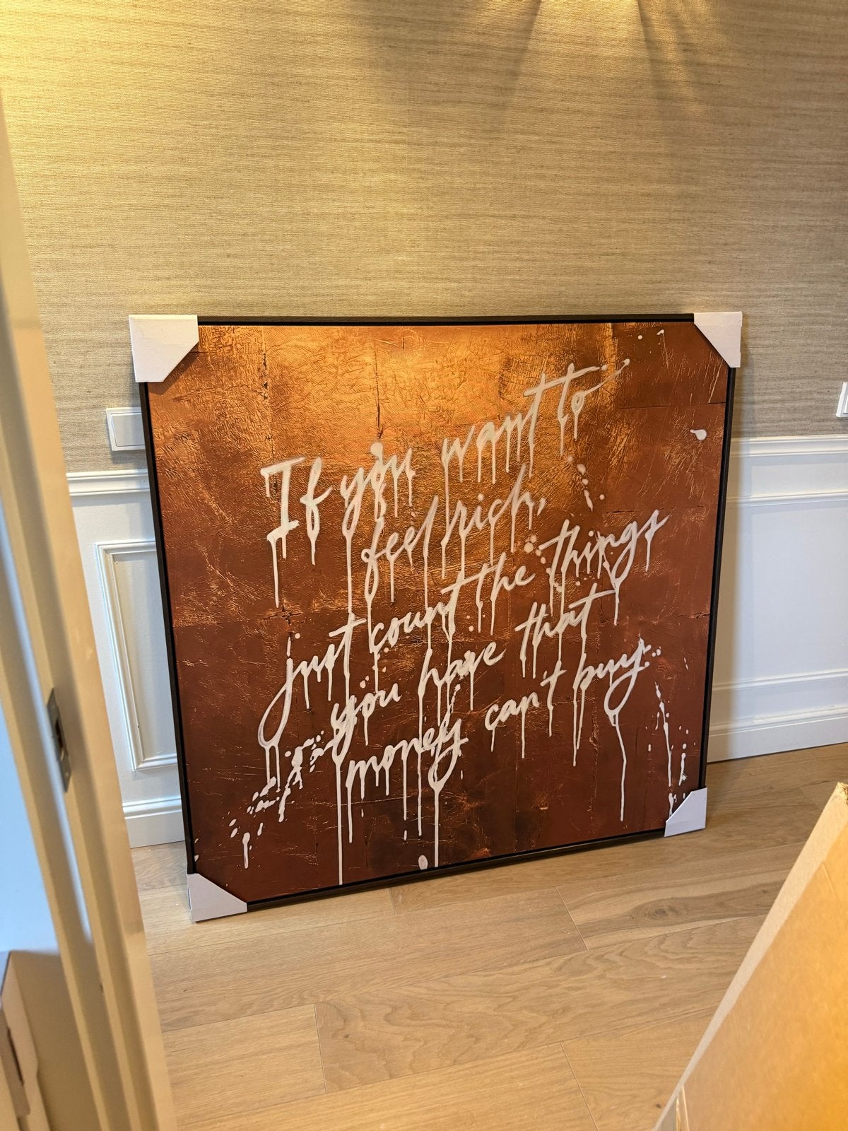 Canvas met walnoot baklijst 120x120cm, Ophalen, Overig onderwerp, Ingelijst, Gemengde techniek