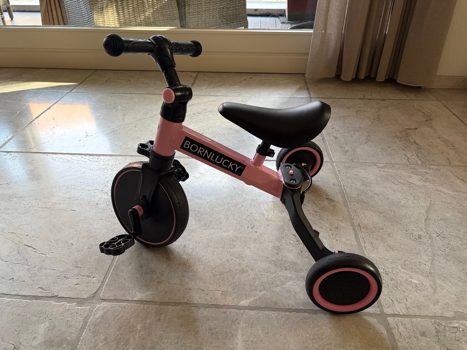 Bornlucky 3-in-1 Kinderfiets Roze - Loopfiets, Driewieler, Ophalen, Zo goed als nieuw, Velgrem, 16 tot 20 inch