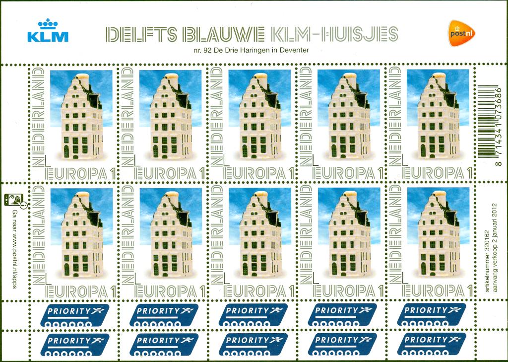 Ned. NVPH V2898 Pers. zegels Delftsblauwe KLM-huisjes 2012, Postzegels en Munten, Postzegels | Nederland, Ophalen of Verzenden