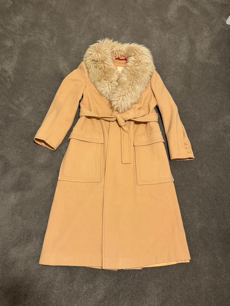 Vintage wollen jas André Peters London - Beige, Maat 14, Ophalen of Verzenden, Gedragen, Maat 38/40 (M), Beige