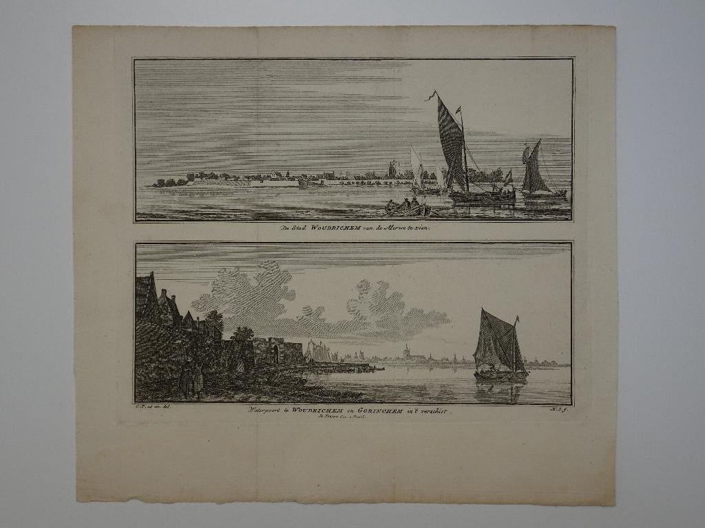 gravure stad en waterpoort Woudrichem, Spilman 1750, Antiek en Kunst, Kunst | Etsen en Gravures, Verzenden, Stadsgezicht, Origineel