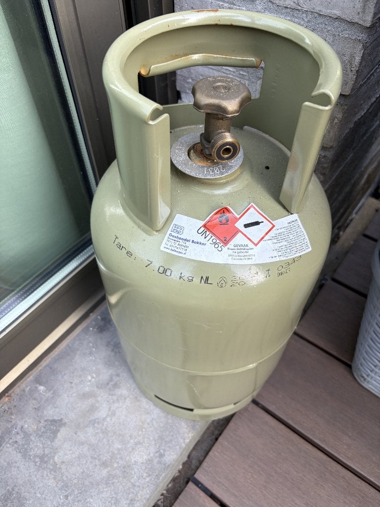 Groene stalen gasfles 5 kg (propaan) – Gekeurd t/m 2031, Ophalen, Zo goed als nieuw