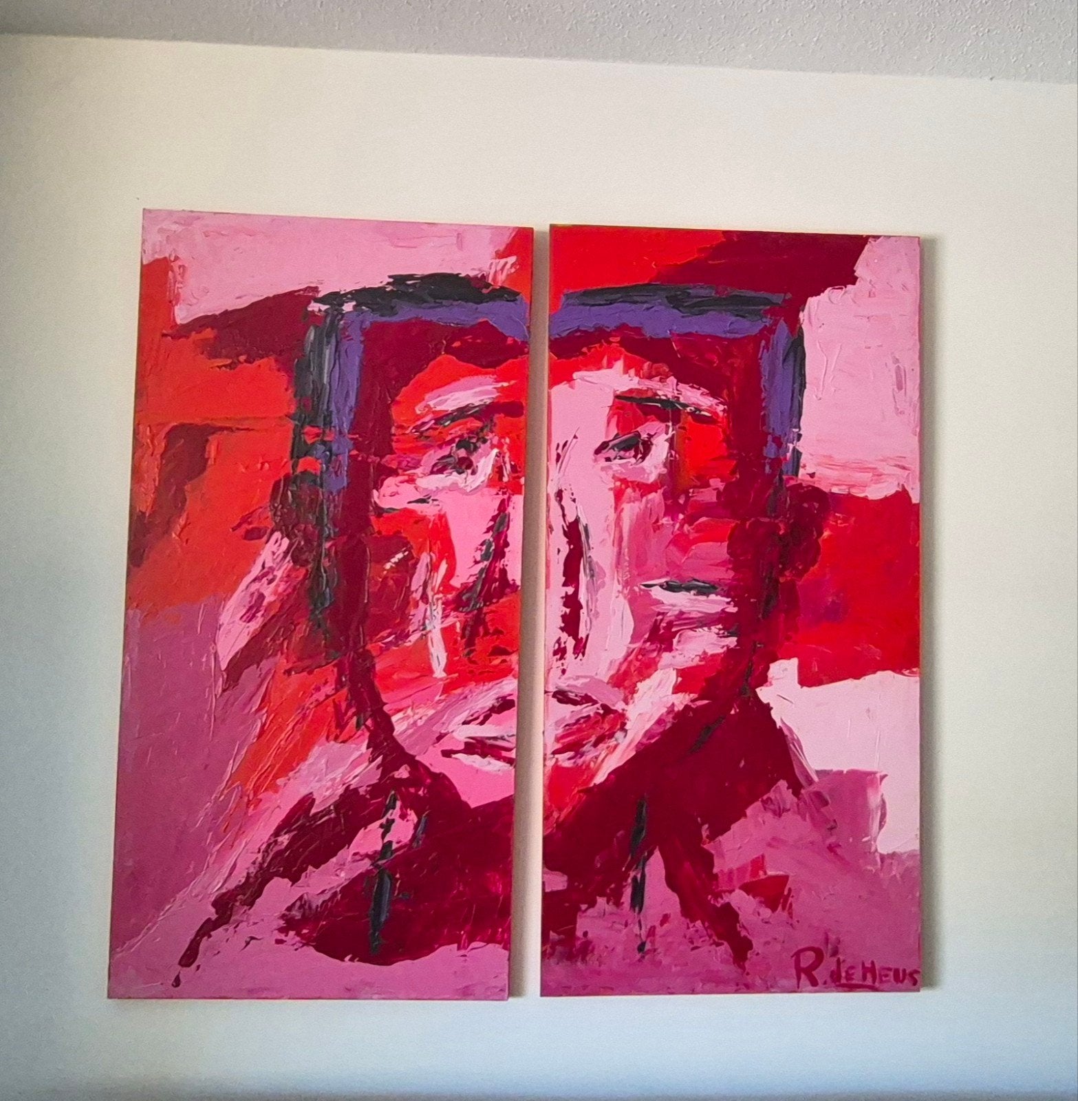 Abstracte kunst: Rood en roze portret (2 panelen), Ophalen of Verzenden