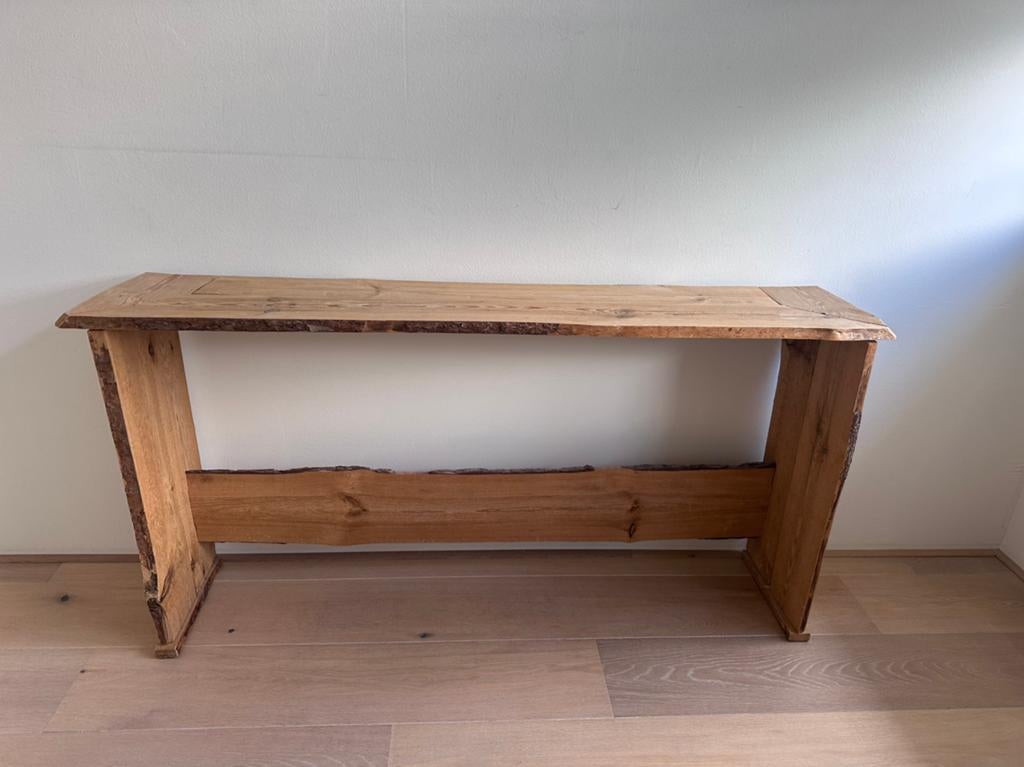 Stoere houten wandtafel / sidetable, Ophalen, 100 tot 150 cm, Zo goed als nieuw, 25 tot 50 cm