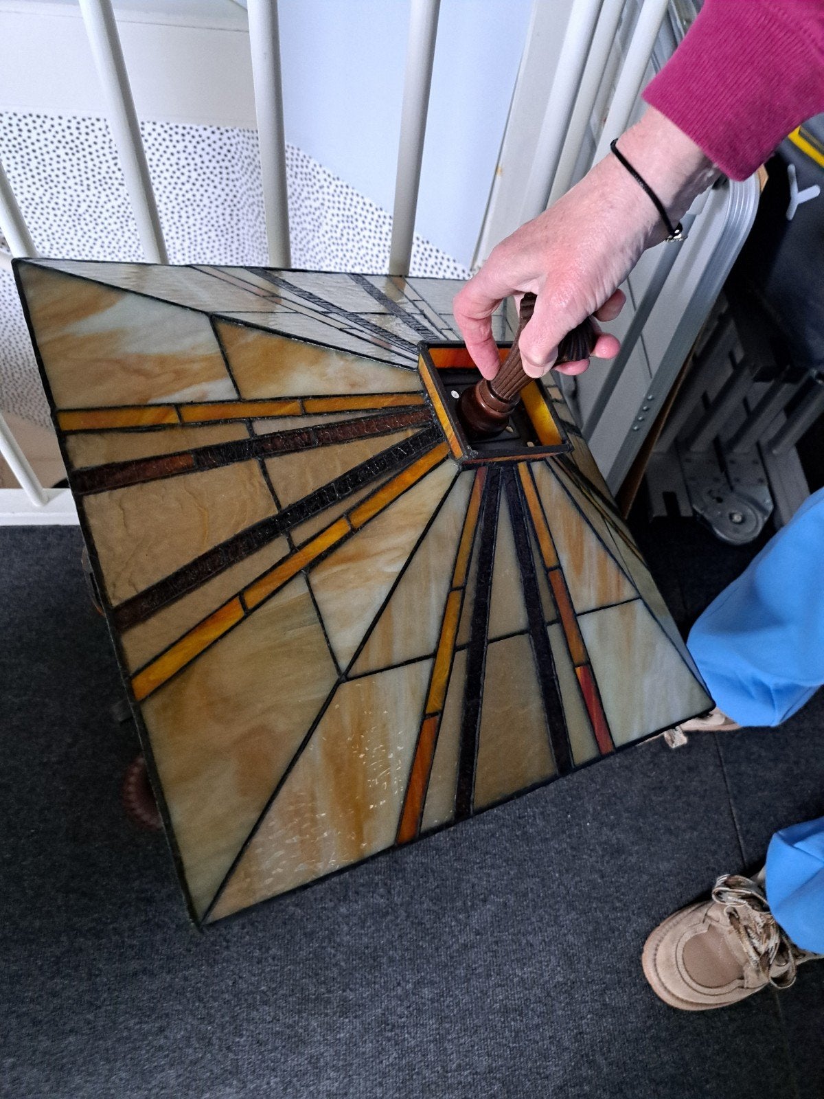 3 glas in lood lampen in goede staat., Huis en Inrichting, Lampen | Hanglampen, Ophalen of Verzenden, Gebruikt, Glas, Minder dan 50 cm
