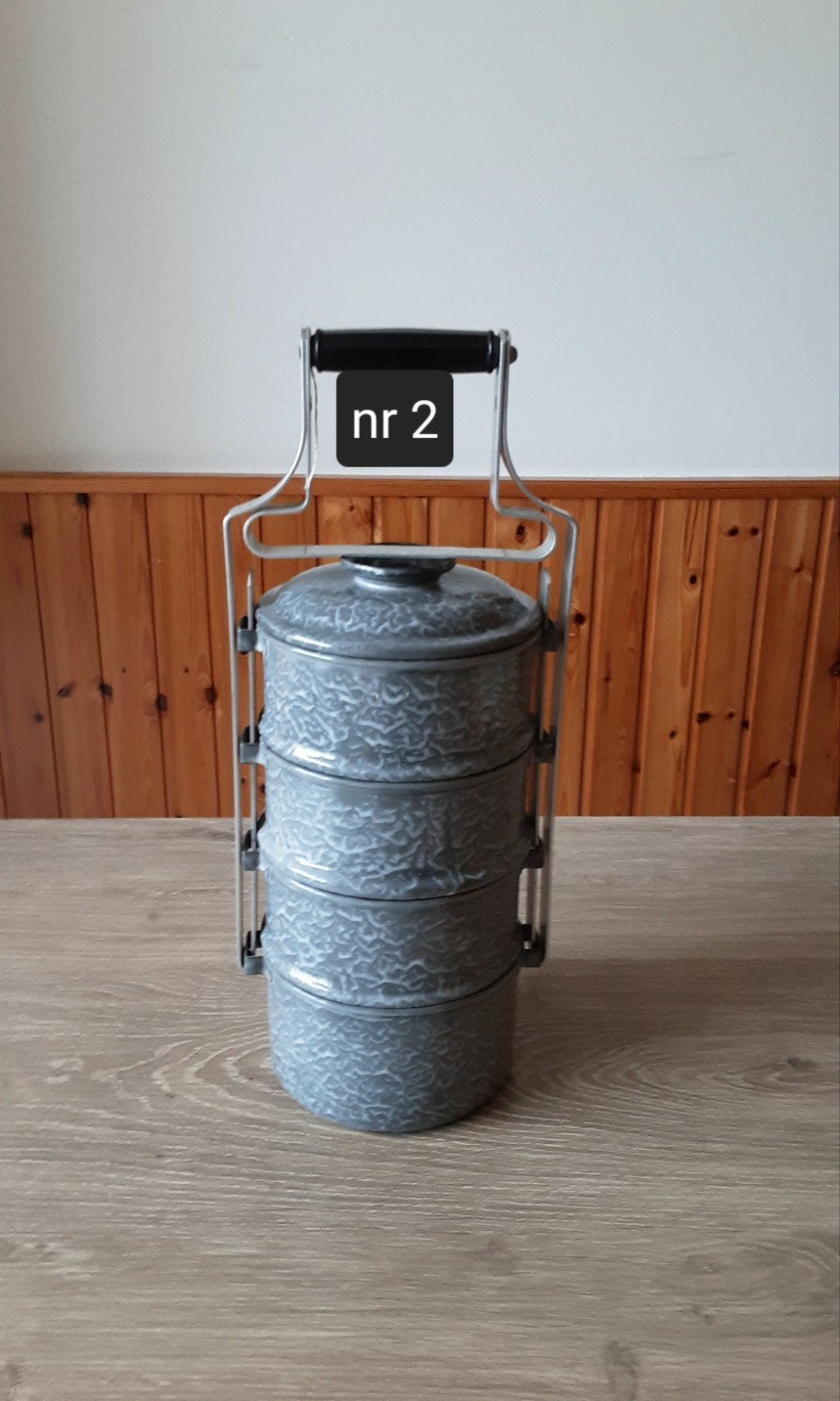 EMAILLE GRIJSGEWOLKTE 4 PANS RANTANG/ETENSDRAGER., Ophalen of Verzenden