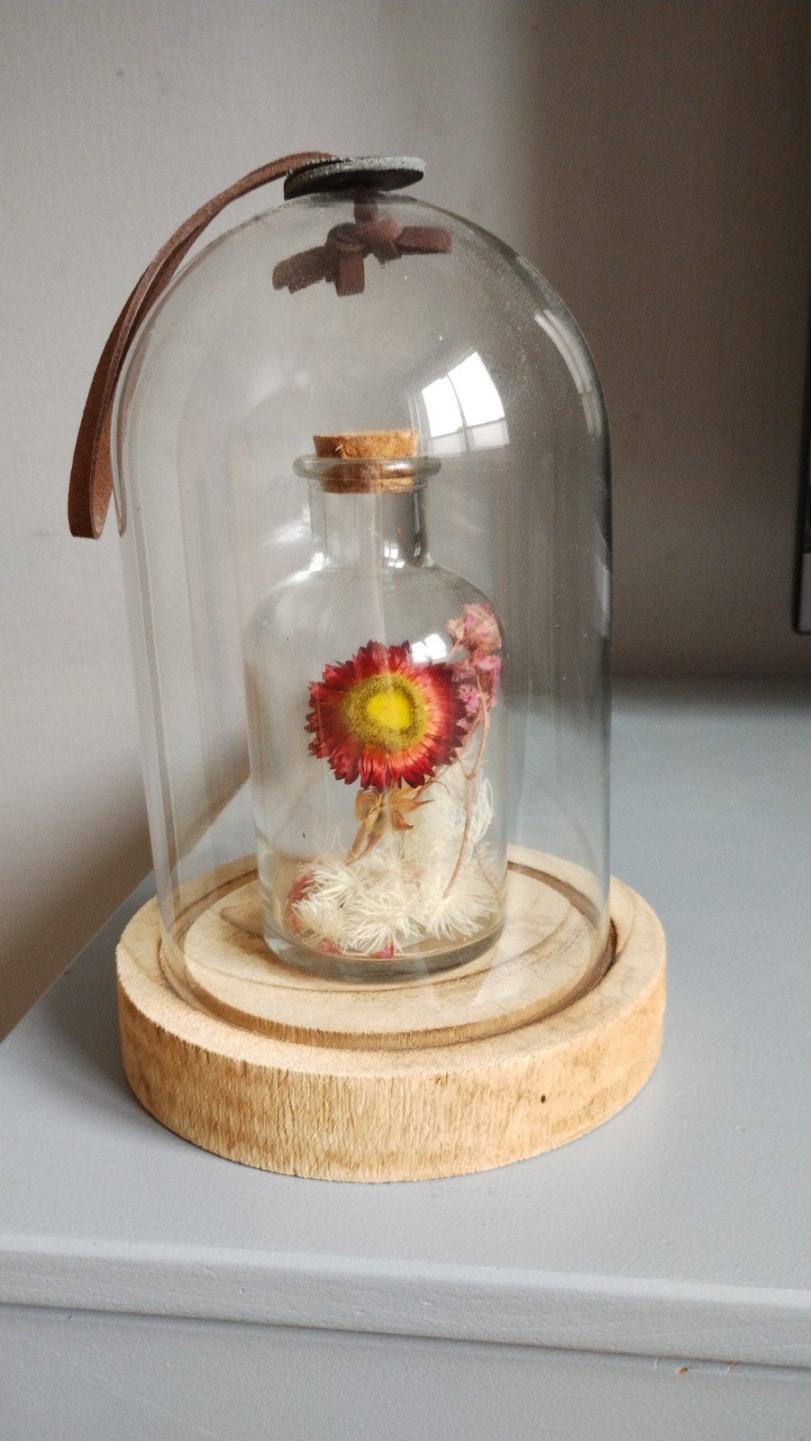 Glazen stolp met flesje gedroogde bloemen, Ophalen, Meerkleurig, Glas, Landelijk