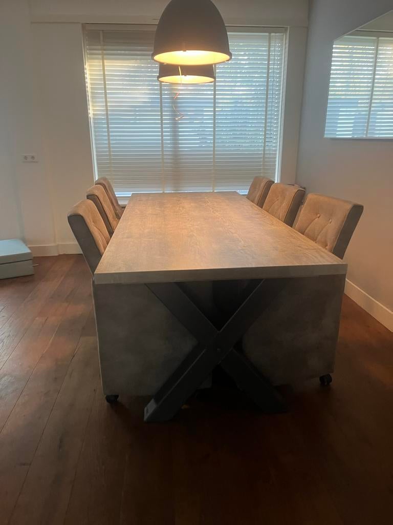 Robuuste eettafel met houten blad 240cm x 100cm +- 80cm hoog, Gebruikt, 100 tot 150 cm, 200 cm of meer, Ophalen of Verzenden