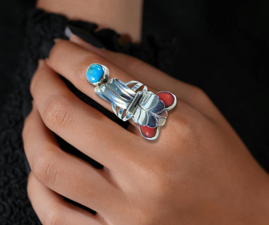 Unieke zilveren NAVAJO ring turquoise en koraal M16!, Verzenden, X, Met edelsteen, Dame