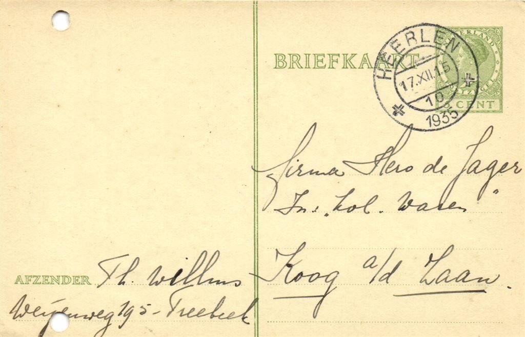 Th. Willems, Treebeek - 12.1935 - briefkaart, Postzegels en Munten, Brieven en Enveloppen | Nederland, Ophalen of Verzenden, Briefkaart