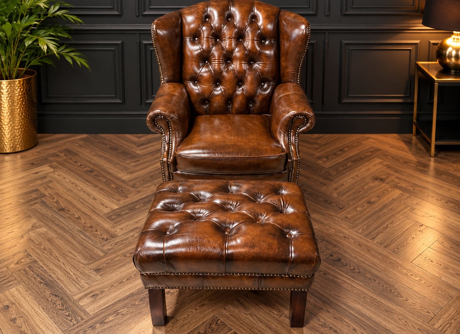 Orginele Chesterfield Lederen Fauteuil + Hocker !!, Ophalen of Verzenden, 75 tot 100 cm