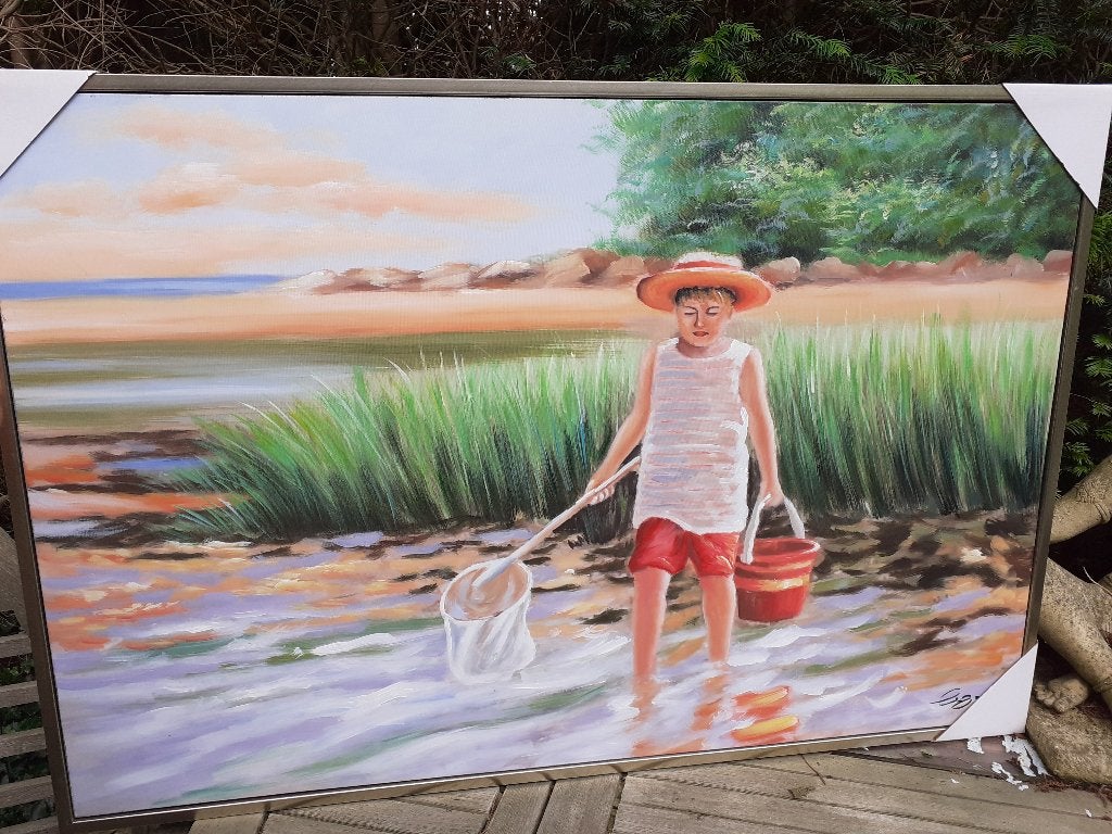 Gigantisch olieverfschilderij "De jonge visser" in baklijst, Doek, Portret of Personen, Realistisch, Ophalen of Verzenden