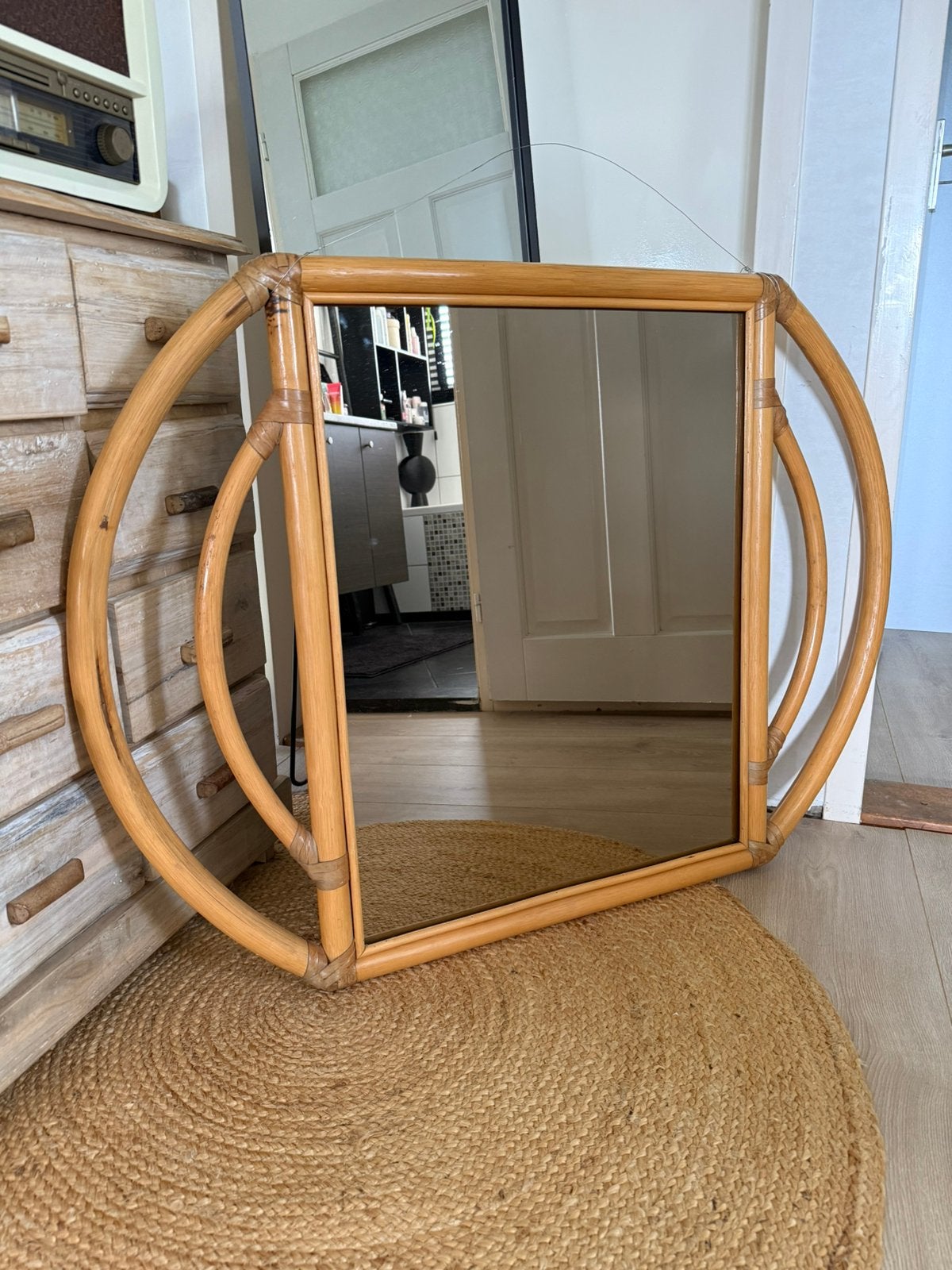 Grote vintage bamboe spiegel, Ophalen, Minder dan 50 cm, Zo goed als nieuw, Minder dan 100 cm