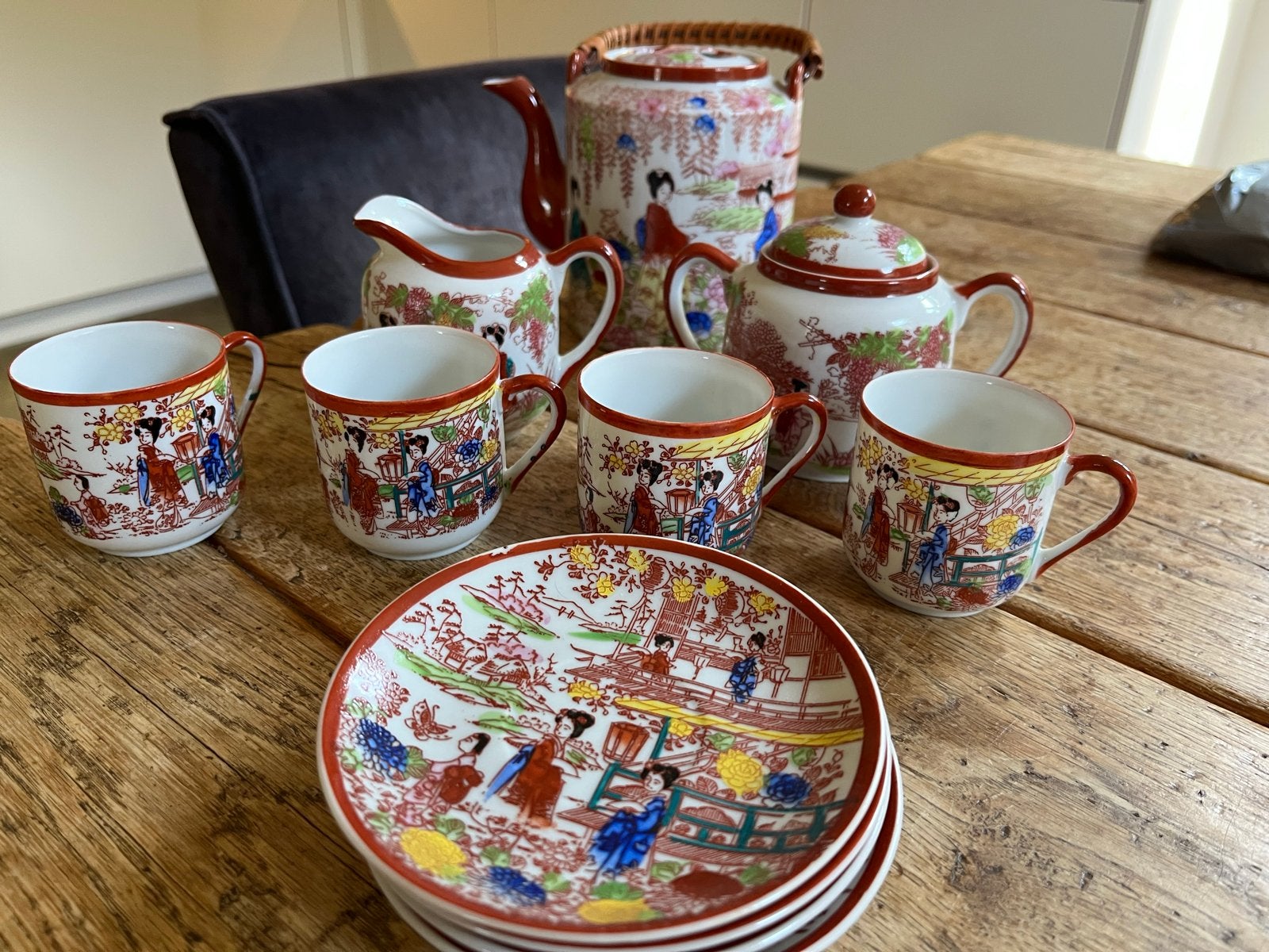 Vintage Japans theeservies met handgeschilderde decoratie, Ophalen of Verzenden