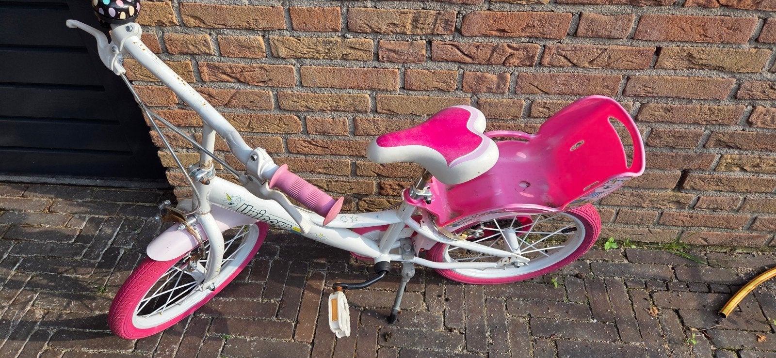 Kinderfiets 16 inch met zijwieltjes en zitje, Ophalen, Zijwieltjes, Velgrem, 16 tot 20 inch
