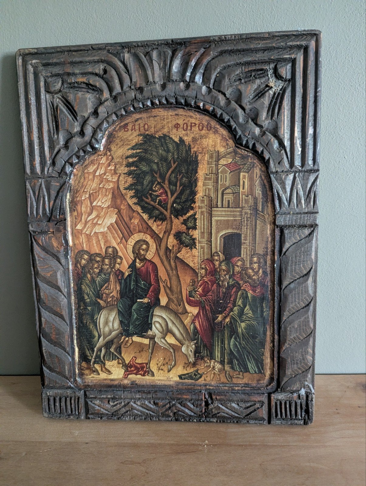 Antieke Houten Byzantijnse Icoon - Jezus op Ezel, Antiek en Kunst, Antiek | Religie, Ophalen