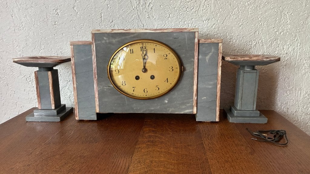 Vintage driedelige klokstel Art Decostijl grijs roze marmer, Ophalen