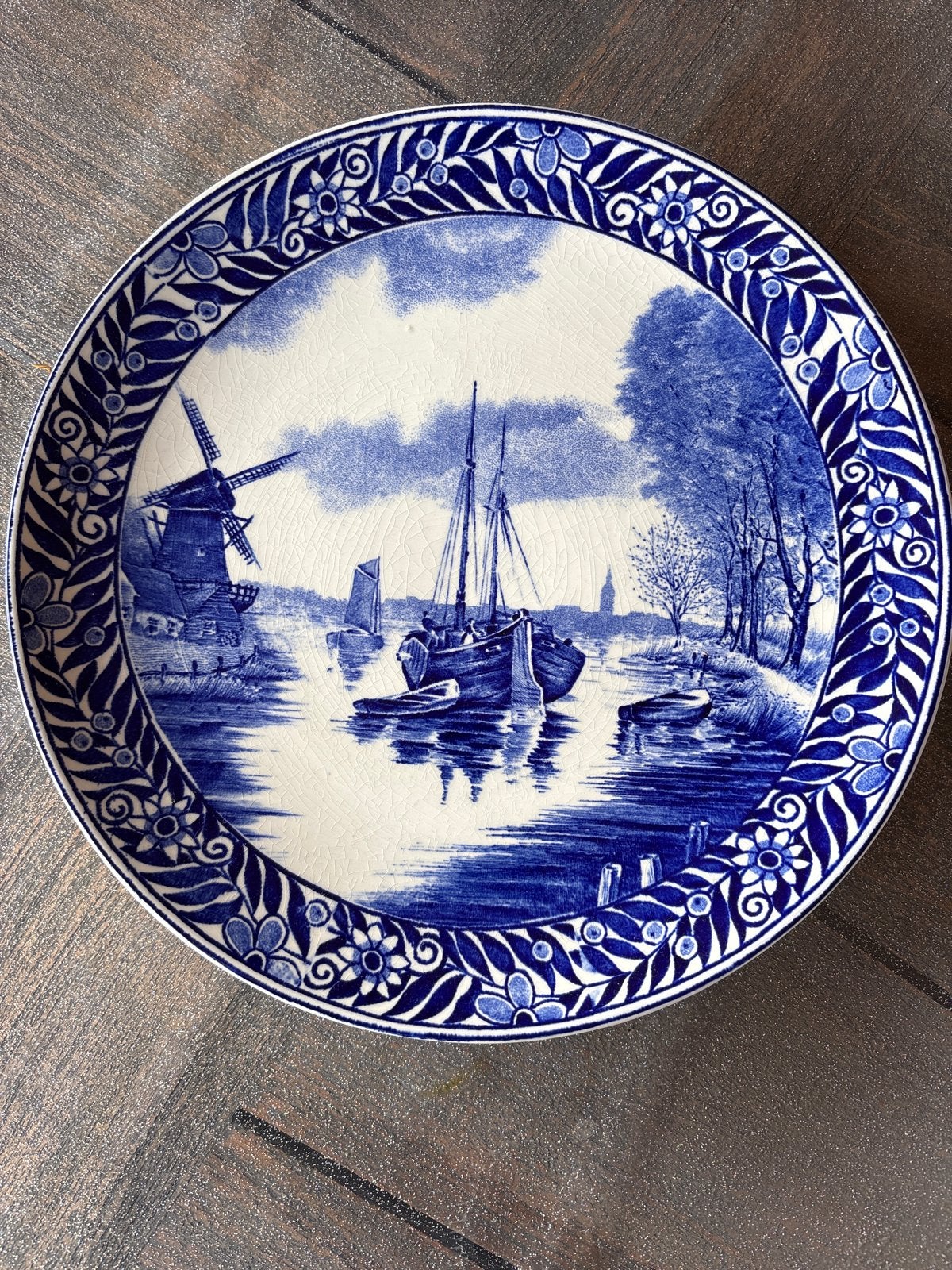Delfts Blauw Wandbord met Molen en Zeilschip, Ophalen of Verzenden